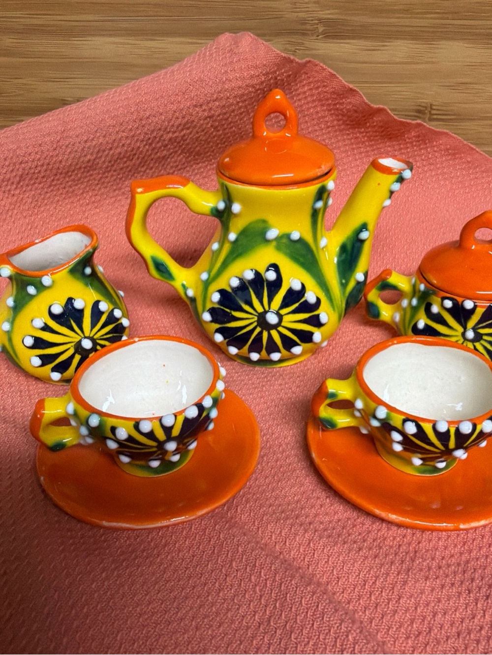 Vintage  Hand painted Mexican Pottery  9 Piece Tea Set. View All Photos